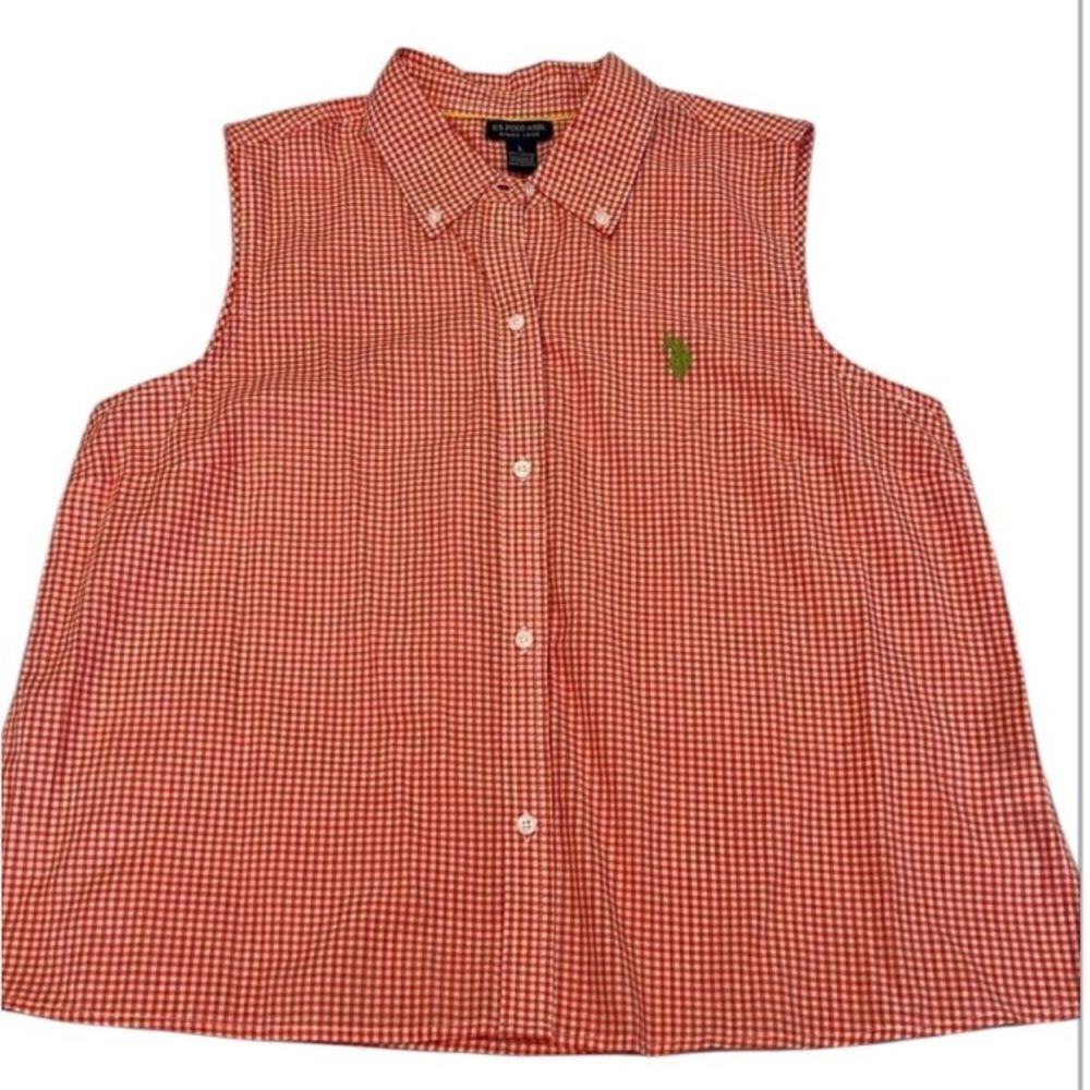 US Polo Assn women’s szL sleeveless orange&white checked button front blouse EUC